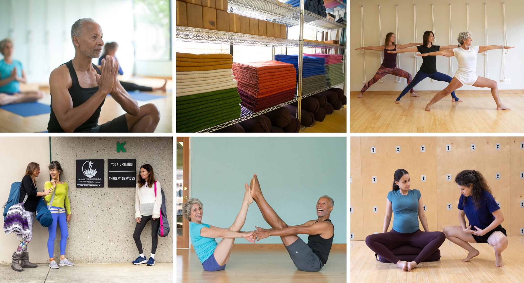 Collage of Yoga Upstairs instructors and students at studio